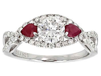 Picture of Pre-Owned Moissanite Fire® 1.18ctw DEW Round And Pear Shape .40ctw Ruby Platineve™ Ring