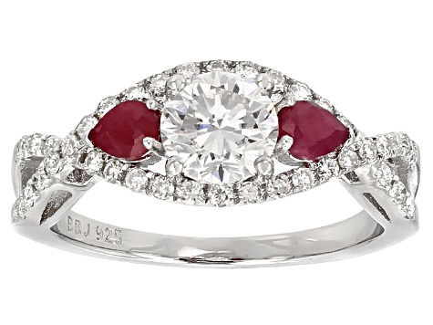 Pre-Owned Moissanite Fire® 1.18ctw DEW Round And Pear Shape .40ctw Ruby Platineve™ Ring