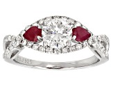 Pre-Owned Moissanite Fire® 1.18ctw DEW Round And Pear Shape .40ctw Ruby Platineve™ Ring