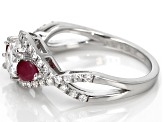 Pre-Owned Moissanite Fire® 1.18ctw DEW Round And Pear Shape .40ctw Ruby Platineve™ Ring
