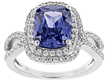 Picture of Pre-Owned Blue & White Cubic Zirconia Rhodium Over Sterling Silver Center Design Ring 4.72ctw
