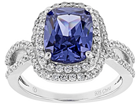 Pre-Owned Blue & White Cubic Zirconia Rhodium Over Sterling Silver Center Design Ring 4.72ctw