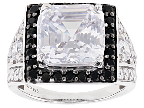 Pre-Owned Black Spinel and White Cubic Zirconia Rhodium Over Sterling Silver Ring 14.41ctw