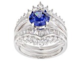 Pre-Owned Blue & White Cubic Zirconia Rhodium Over Sterling Silver Center Design Ring With Guard