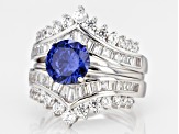 Pre-Owned Blue & White Cubic Zirconia Rhodium Over Sterling Silver Center Design Ring With Guard