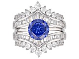 Pre-Owned Blue & White Cubic Zirconia Rhodium Over Sterling Silver Center Design Ring With Guard