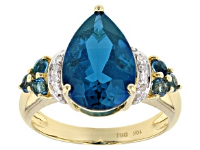 Pre-Owned 5.72ctw Pear Shape And Round Deep Blue Topaz And Diamond 10k Yellow Gold Ring