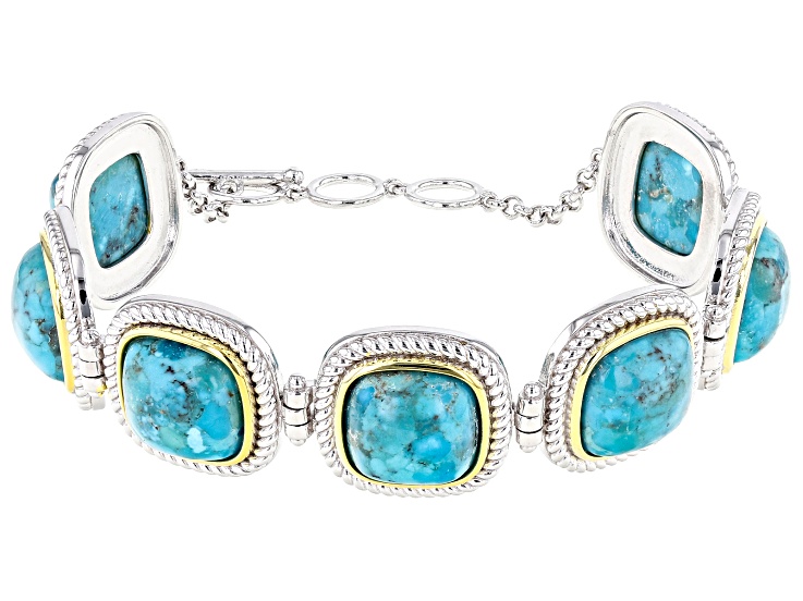 Pre-Owned Blue Turquoise Sterling Silver And 14k Gold Over Silver Two-Tone Bracelet