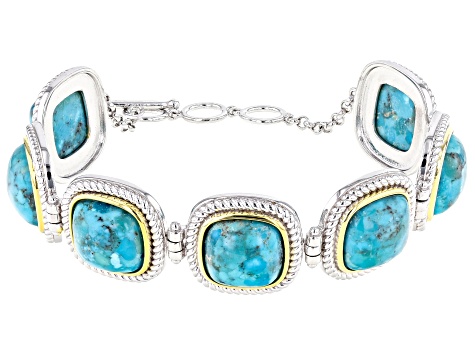 Pre-Owned Blue Turquoise Sterling Silver And 14k Gold Over Silver Two-Tone Bracelet