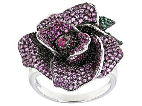 Pre-Owned Lab Created Pink Sapphire & Green Nanocrystal Rhodium Over Silver Rose Ring 2.26ctw