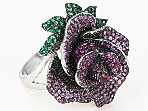 Pre-Owned Lab Created Pink Sapphire & Green Nanocrystal Rhodium Over Silver Rose Ring 2.26ctw