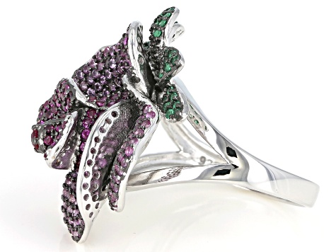 Pre-Owned Lab Created Pink Sapphire & Green Nanocrystal Rhodium Over Silver Rose Ring 2.26ctw