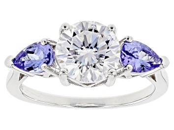Picture of Pre-Owned Moissanite Fire® 1.90ct DEW Round And .78ctw Pear Shape Tanzanite Platineve™ Ring