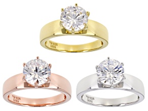 Pre-Owned White Cubic Zirconia Rhodium, 18k Yellow, and Rose Gold Over Sterling Silver Solitaire Rin