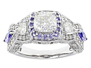 Pre-Owned Moissanite Fire® 2.42ctw DEW And .60ctw Tanzanite Platineve™ Ring