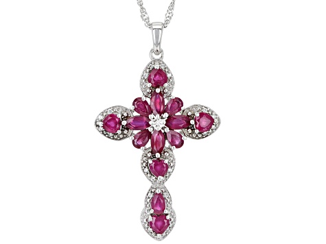 Pre-Owned Mahaleo Ruby Sterling Silver Cross Pendant With Chain 4.63ctw.