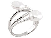 Pre-Owned White Cultured Freshwater Pearl Rhodium Over Silver Bypass Ring