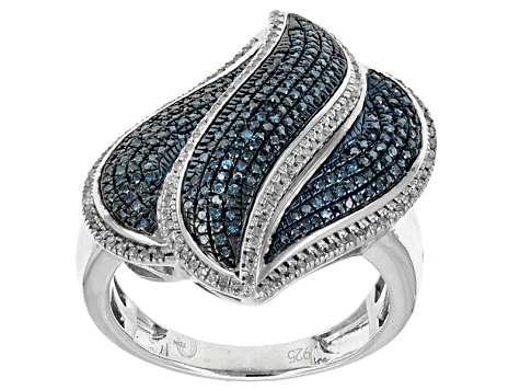 Pre-Owned Blue And White Diamonds Sterling Silver Ring .50ctw