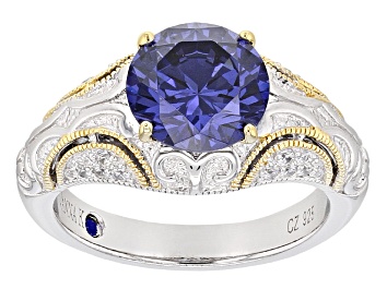 Picture of Pre-Owned Blue And White Cubic Zirconia Platineve And 18K Yellow Gold Over Sterling Ring 4.45ctw