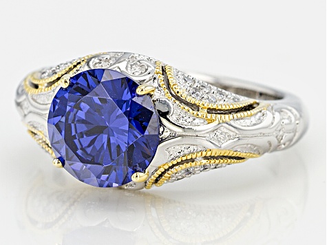 Pre-Owned Blue And White Cubic Zirconia Platineve And 18K Yellow Gold Over Sterling Ring 4.45ctw