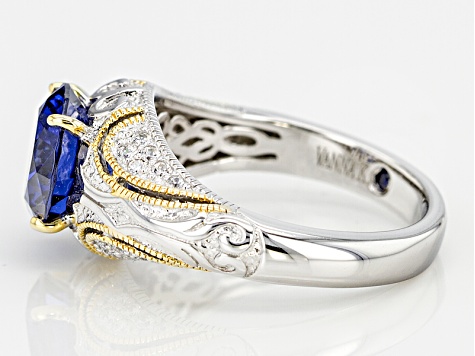 Pre-Owned Blue And White Cubic Zirconia Platineve And 18K Yellow Gold Over Sterling Ring 4.45ctw