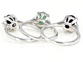 Pre-Owned Green Emerald Rhodium Over Sterling Silver Solitaire Set of 3 Rings 4.50ctw