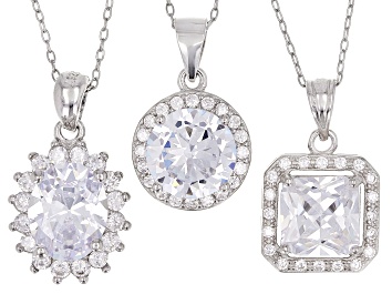 Picture of Pre-Owned White Cubic Zirconia Rhodium Over Silver Set Of 3 Center Design Pendants With Chain