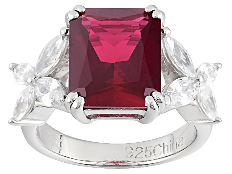 Pre-Owned Synthetic Red Corundum And White Cubic Zirconia Rhodium Over ...