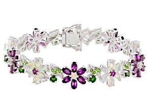 Pre-Owned Multi-color Ethiopian Opal Rhodium Over Sterling Silver Floral Bracelet 13.84ctw