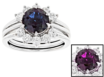 Picture of Pre-Owned Blue Lab Alexandrite Rhodium Over Silver Ring and Enhancer Set 3.14ctw