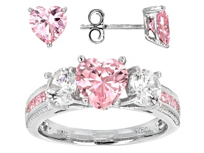 Pre-Owned Pink And White Cubic Zirconia Rhodium Over Sterling Silver Ring And Earrings 6.62ctw