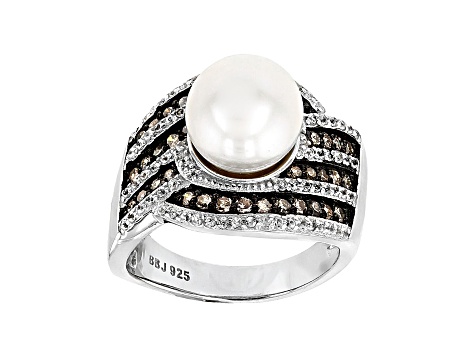 Pre-Owned Cultured Freshwater Pearl, Diamond and Zircon Rhodium Over Silver Ring