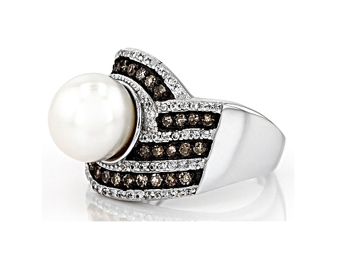 Pre-Owned Cultured Freshwater Pearl, Diamond and Zircon Rhodium Over Silver Ring