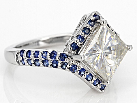 Pre-Owned Moissanite And Blue Sapphire Platineve Ring