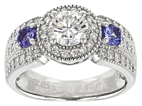 Pre-Owned Moissanite Fire® 1.28ctw DEW And .36ctw Tanzanite Platineve™ Ring
