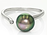 Pre-Owned Cultured Tahitian Pearl With Topaz Rhodium Over Sterling Silver Ring 10mm