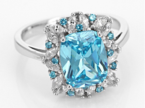 Pre-Owned Blue And White Cubic Zirconia Rhodium Over Sterling Silver Ring 8.48ctw