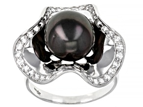 Pre-Owned Cultured Tahitian Pearl With Topaz Rhodium Over Sterling Silver Ring