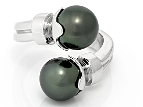 Pre-Owned Cultured Tahitian Pearl Rhodium Over Sterling Silver Bypass Ring