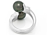 Pre-Owned Cultured Tahitian Pearl Rhodium Over Sterling Silver Bypass Ring