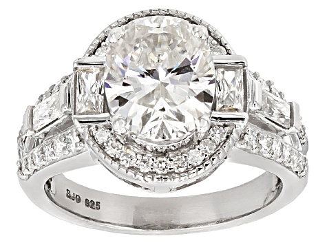 Pre-Owned Moissanite Fire® 3.78ctw DEW Oval And Baguette With Round Platineve™ Ring