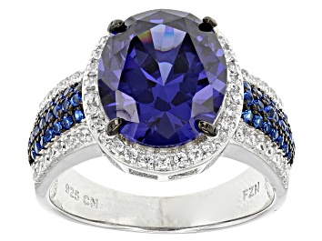 Picture of Pre-Owned Blue And White Cubic Zirconia Rhodium Over Silver Ring 7.92ctw