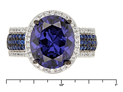 Pre-Owned Blue And White Cubic Zirconia Rhodium Over Silver Ring 7.92ctw
