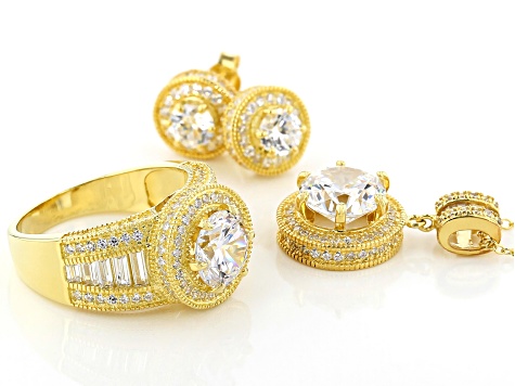 Pre-Owned White Cubic Zirconia 18k Yellow Gold Over Sterling Silver Jewelery Set 13.00ctw