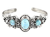 Pre-Owned Larimar Oval And Round Sterling Silver 3 Stone Cuff Bracelet