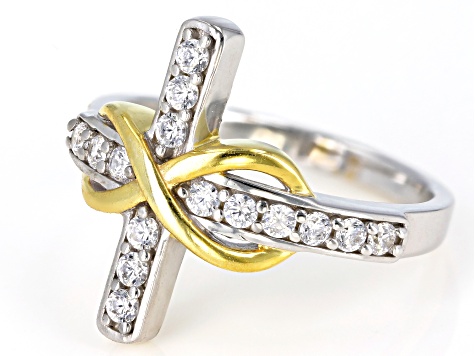 Pre-Owned Cubic Zirconia Silver And 18k Yellow Gold Over Silver Cross Ring .70ctw (.37ctw DEW)