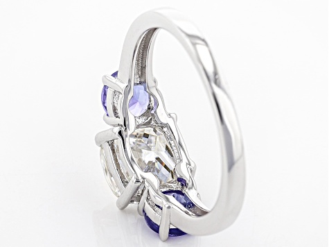 Pre-Owned Moissanite Fire® 2.00ct DEW Cushion Cut And 1.04ctw Round Tanzanite Platineve™ Ring