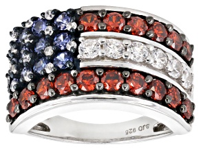 Pre-Owned Blue, Red, & White Cubic Zirconia Rhodium Over Sterling Silver Cluster Ring 4.11ctw