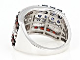 Pre-Owned Blue, Red, & White Cubic Zirconia Rhodium Over Sterling Silver Cluster Ring 4.11ctw
