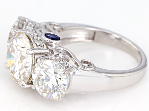 Pre-Owned Moissanite And Blue Sapphire Platineve Ring 8.14ctw DEW.